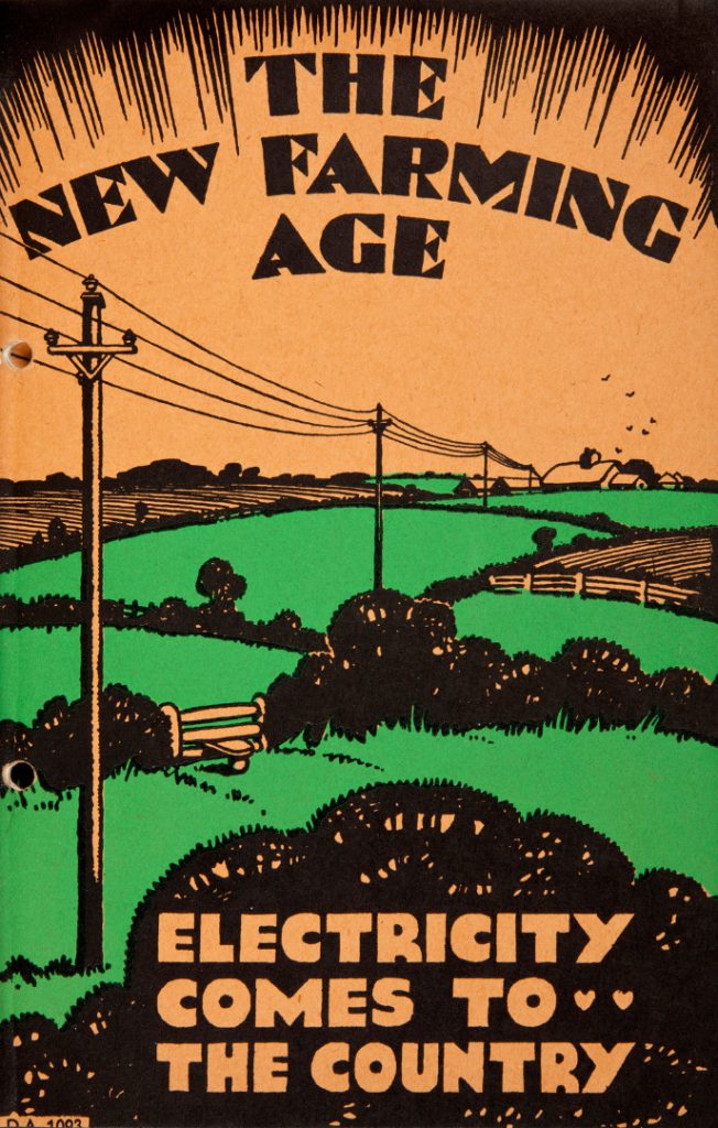 Magazine advertisement informing the reader that electricity and associated pylons will be arriving in rural areas