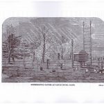 A black and white engraving of a scene showing a number of experimental rain gauges set in the grounds of a manor house