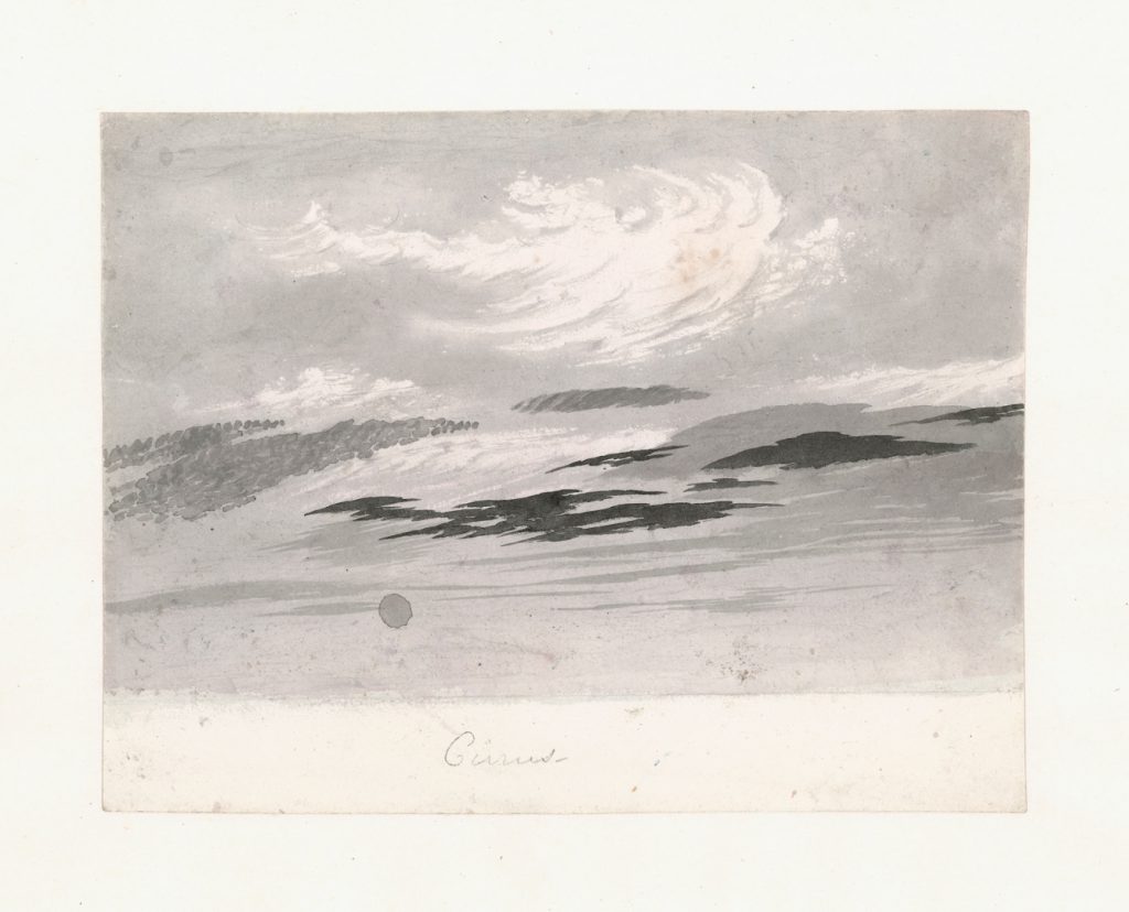 Grey watercolour painting of a cloud formation entitled cirrus