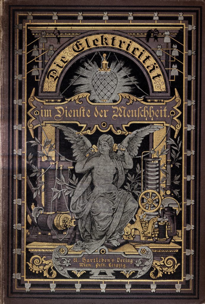 Poster in German depicting an angel figure holding electrical connectors