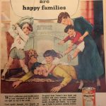 Colour advertisement in a magazine for Ovaltine showing an illustration of a family playing. The caption reads Ovaltine families are happy families