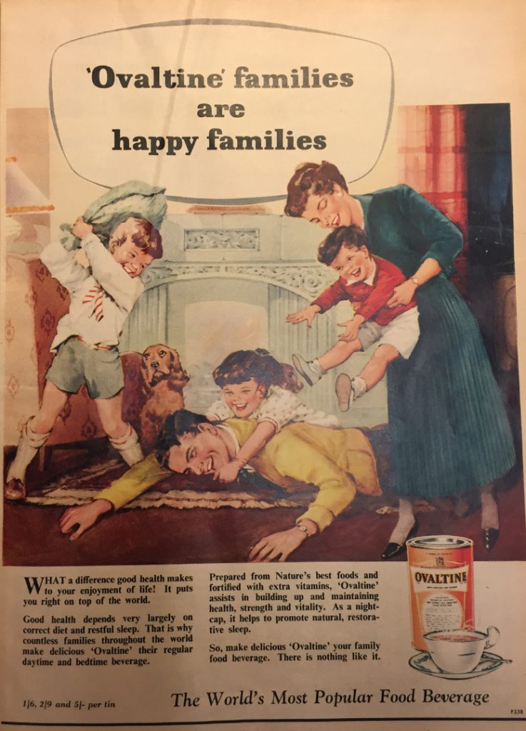 Colour advertisement in a magazine for Ovaltine showing an illustration of a family playing. The caption reads Ovaltine families are happy families