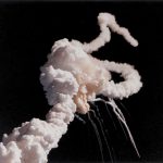 Colour photograph of a mid air explosion during the Challenger space shuttle disaster