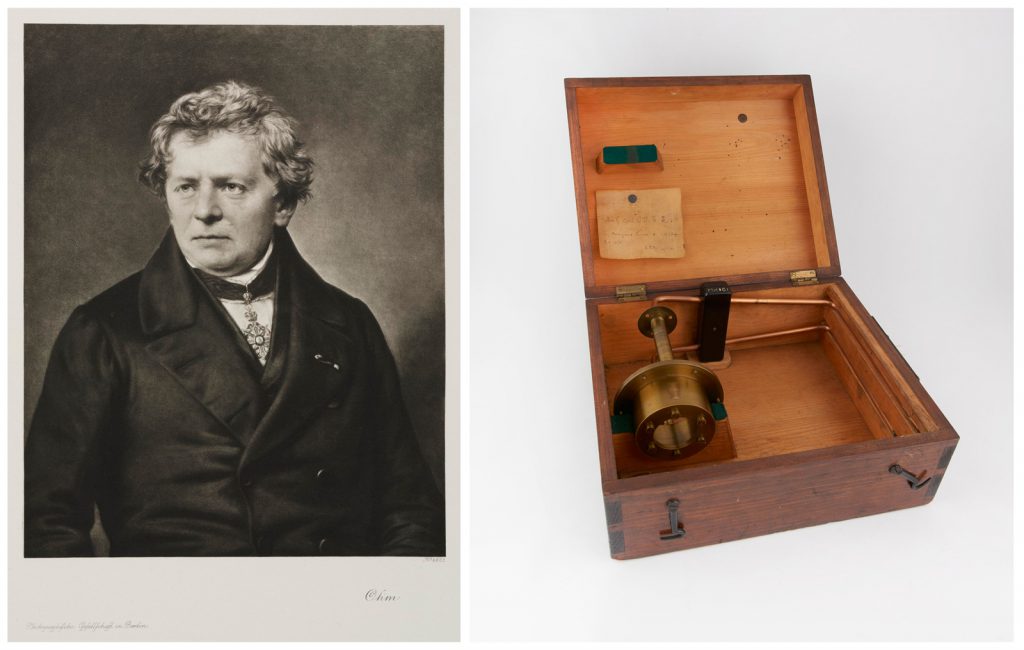 Photogravure portrait of Georg Simon Ohm alongside a colour photograph of a standard one ohm resistor circa1883
