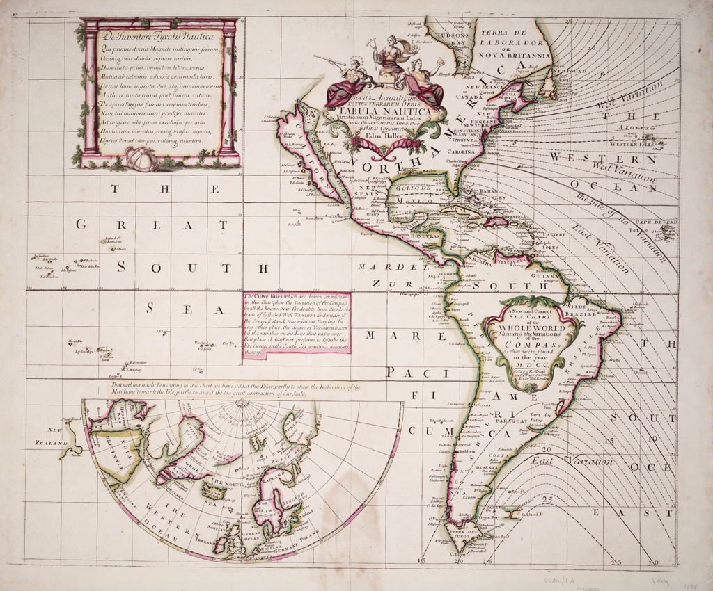 World sea chart from 1702 showing the Americas and lines of equal magnetic variation