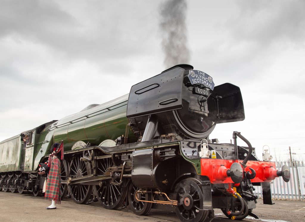 Colour photograph of the Flying Scotsman steam locomotive following renovation