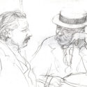 Pencil sketch of two moustachioed men in conversation