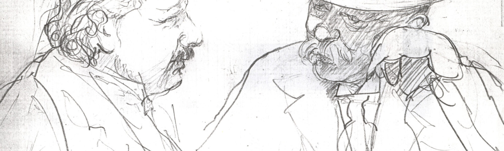 Pencil sketch of two moustachioed men in conversation