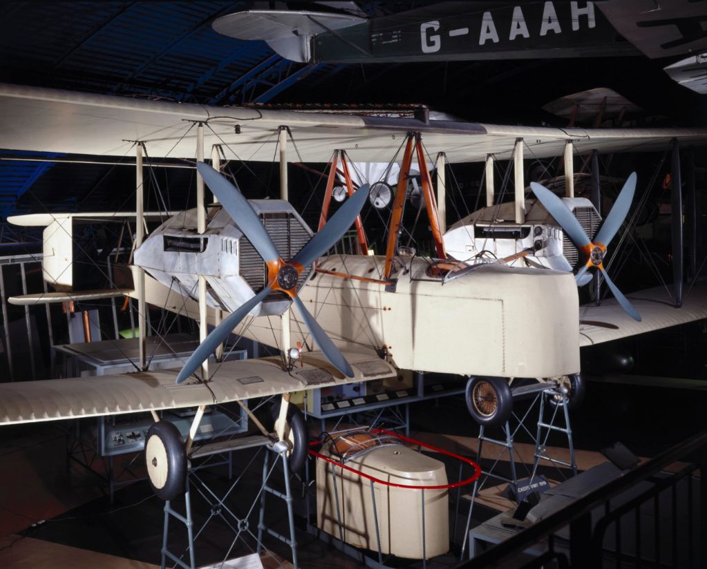 Colour photograph of a Vickers Vimy aircraft in the Science Museum Flight Gallery