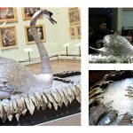 Composite image of three colour photographs of a silver mechanical swan model at the Bowes Museum