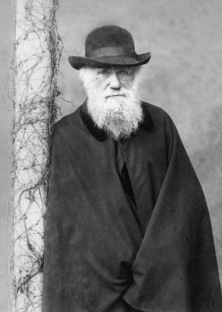 A black and white photograph of Charles Darwin in his later years. Pictured leaning against a tree