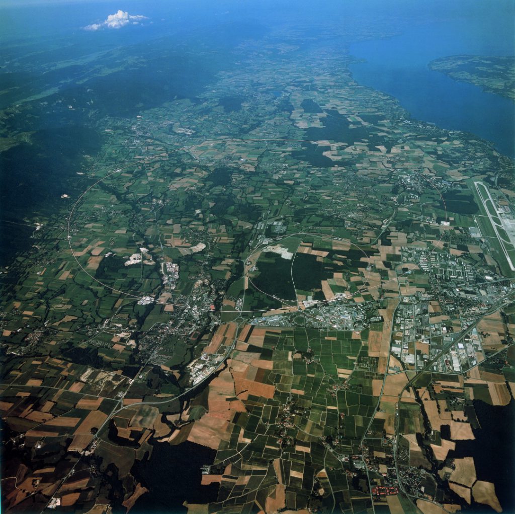 Ariel photograph of a large area of several kilometres showing the ring of the Proton Synchrotron