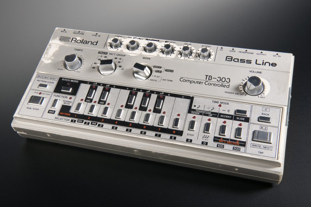 Close up view of a well used TB303 Bass Line synthesizer