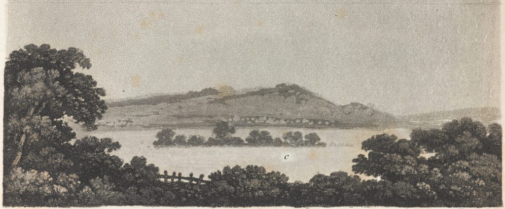 Print of an engraving of a landscape scene with very low lying clouds