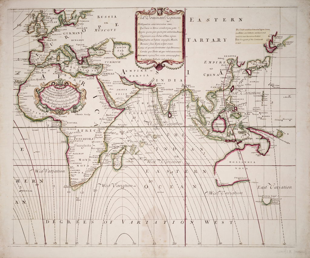 World sea chart from 1702 showing the Africa Asia and Europe and lines of equal magnetic variation
