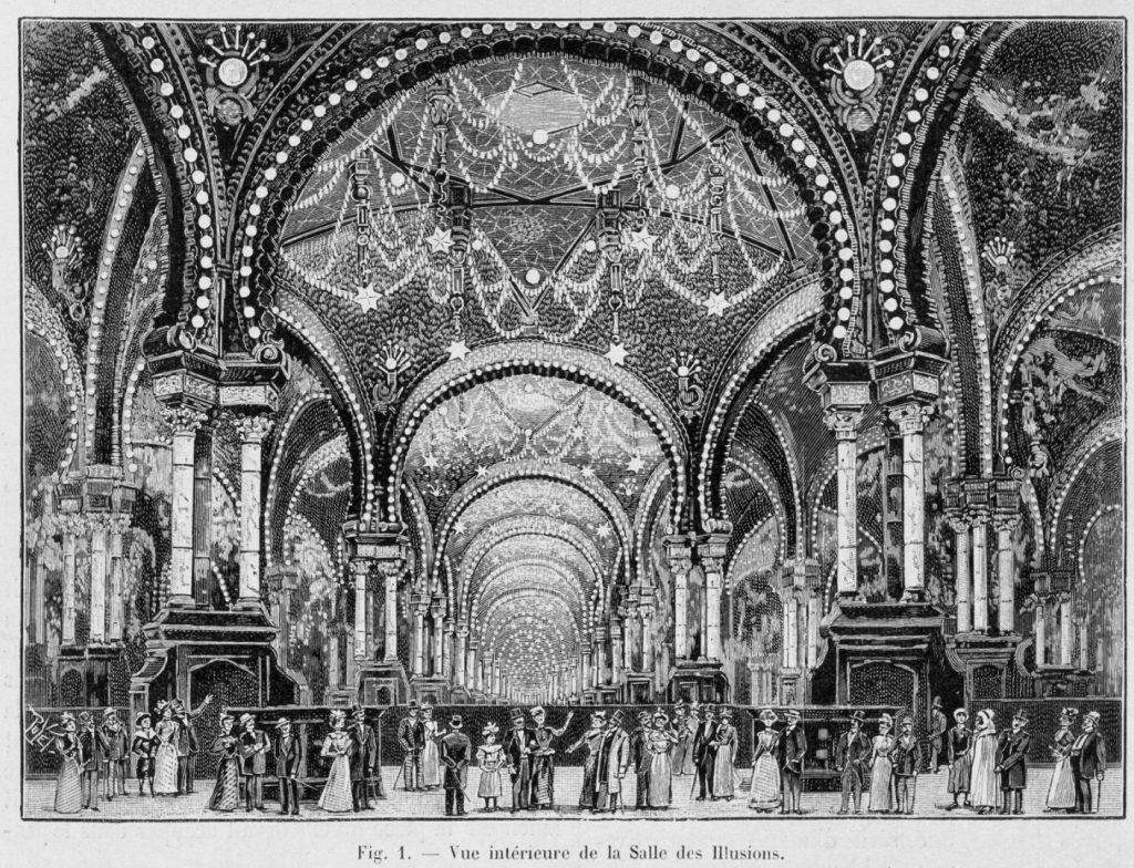 Black and white illustration of a grand hall of illusions
