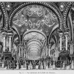 Black and white illustration of a grand hall of illusions