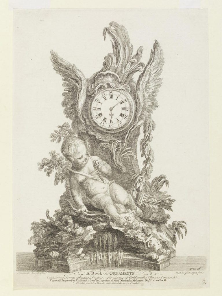 Title page to A Book of Ornaments showing a print of an ornate clock with a small child underneath