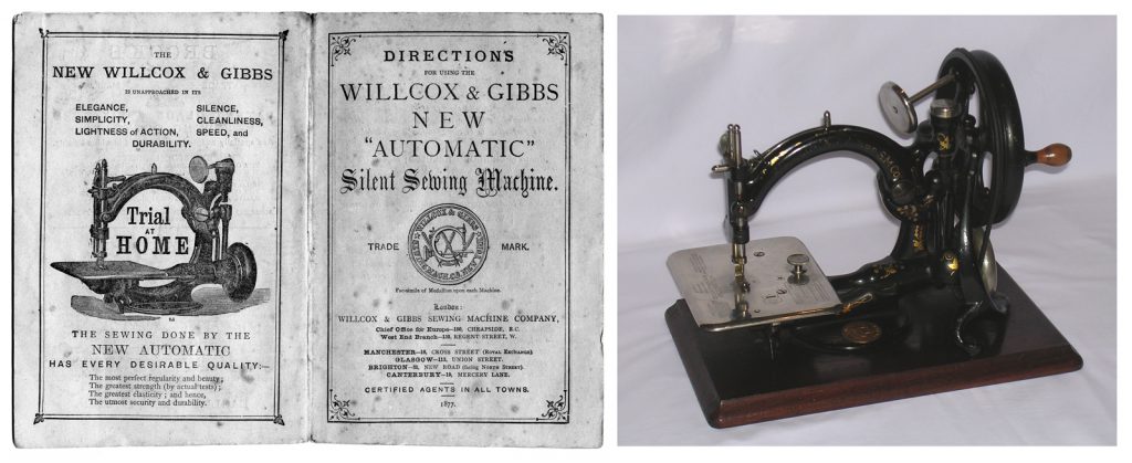 Colour photograph of a Willcox and Gibbs chain-stitch sewing machine from 1914 with accompanying instruction booklet