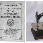 Colour photograph of a Willcox and Gibbs chain-stitch sewing machine from 1914 with accompanying instruction booklet