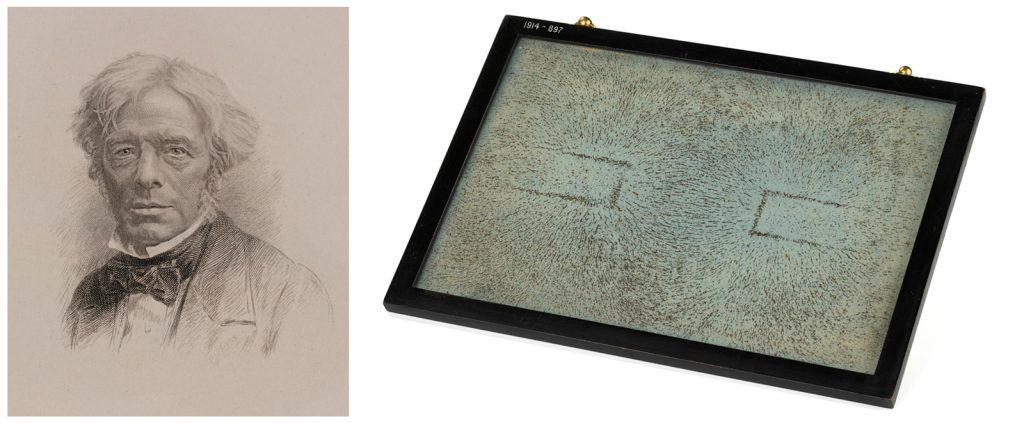 Engraving portrait of Michael Faraday alongside a colour photograph of a glazed frame containing delineation of lines of magnetic force by iron filings