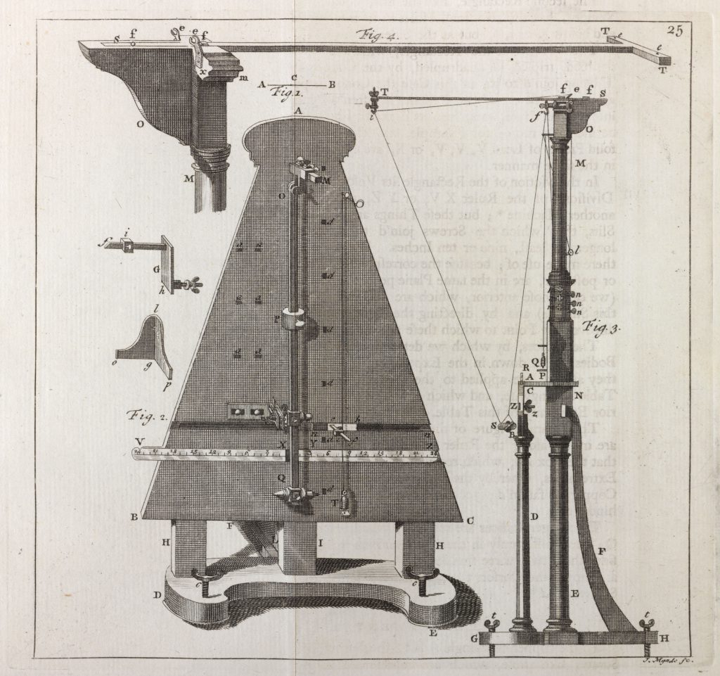 Detailed ink drawing of a machine for experiments on a pendulum moved by a spring