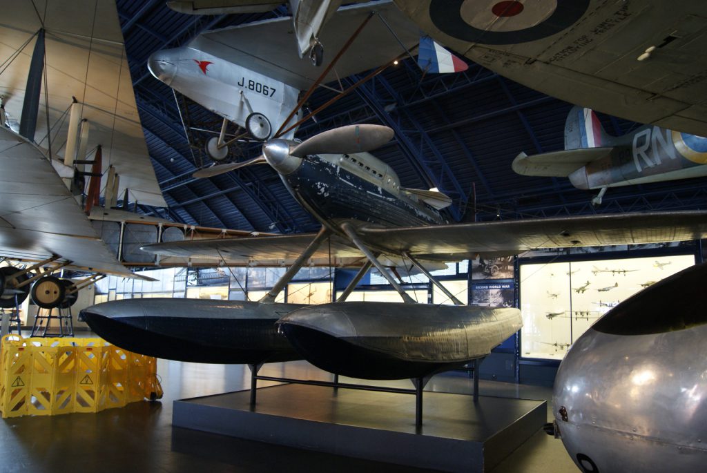 Colour photograph of the Supermarine S6B aircraft in the Science Museum Flight Gallery