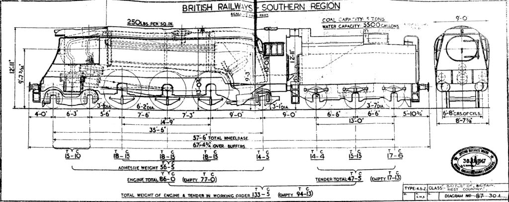 Pen and ink technical drawing of a train engine design