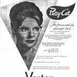 Black and white print advertisment from 1960 by Vertex Optical showing a woman wearing Pussy Cat upswept spectacles