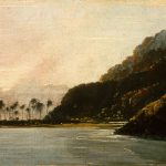 Oil painting from 1776 of a tropical island coast at sunset