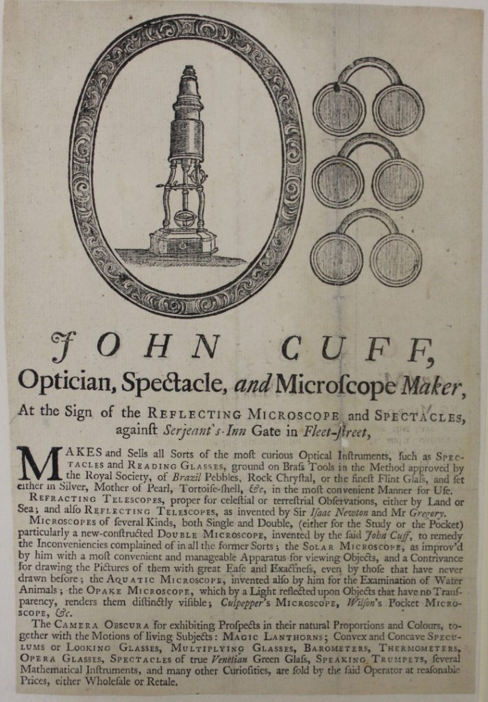 Advertising leaflet for John Cuff Optician Spectacle and Microscope maker