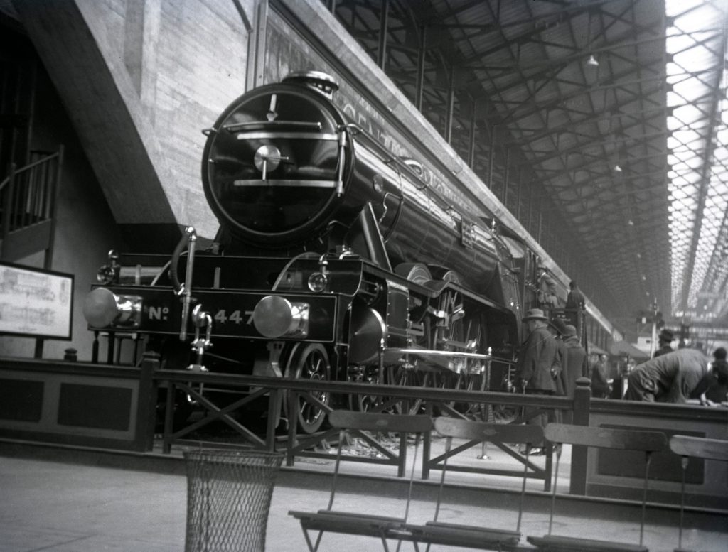 Black and white photograph of the Flying Scotsman steam train on display in the 1920s