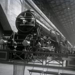 Black and white photograph of the Flying Scotsman steam train on display in the 1920s