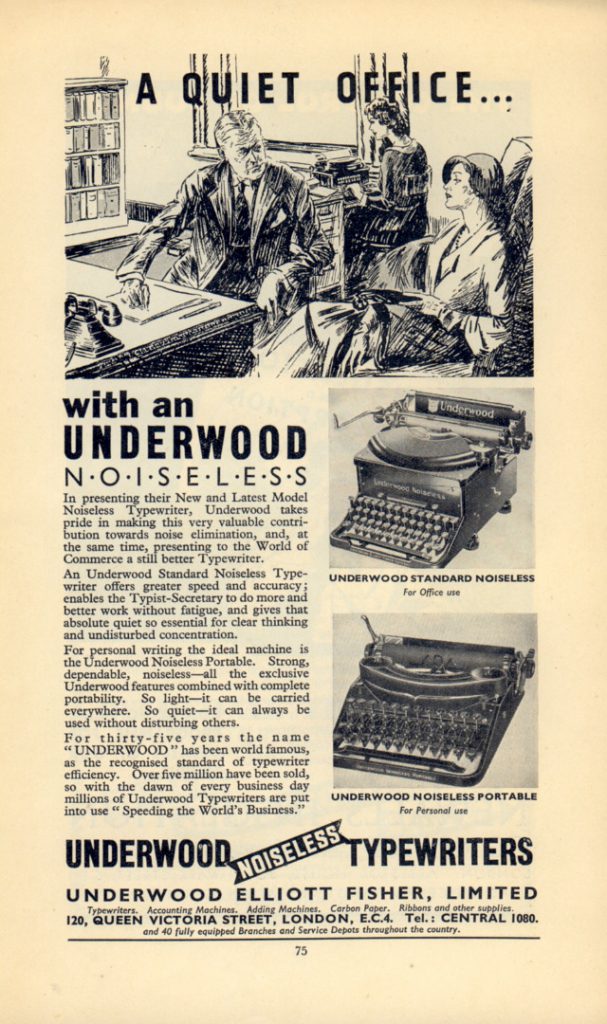 Printed advertisement for a noiseless typewriter made by Underwood
