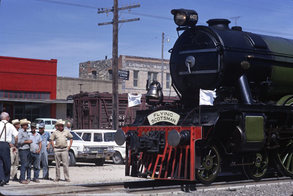 Colour photograph of the Flying Scotsman steam train after restoration in the 1960s in Texas USA