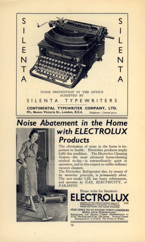 Printed advertisement for silenta noiseless typewriters made by Continental and a noiseless vacuum cleaner made by Electrolux