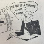 Black and white cartoon showing a professional male worker grumpily complaining about the noise made by his female typist