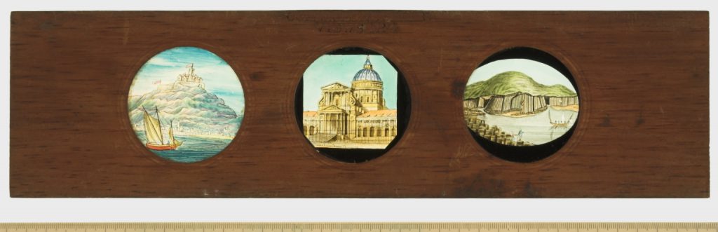 A Copper Plate Slider by Carpenter & Westley showing views of Public Buildings Saint Paul?s Cathedral Melrose Abbey and Southwark Bridge