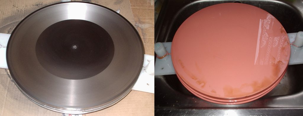 Two adjacent colour photographs one showing a part processed copper shell on wax master the other showing the preparation for electroforming