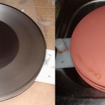 Two adjacent colour photographs one showing a part processed copper shell on wax master the other showing the preparation for electroforming