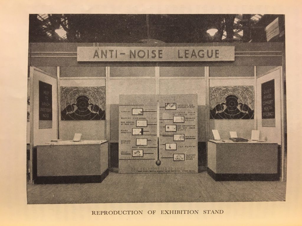 Black and white photograph of an anti noise league exhibition stand