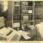 Newspaper clipping showing a scientist sitting before a computer from 1972