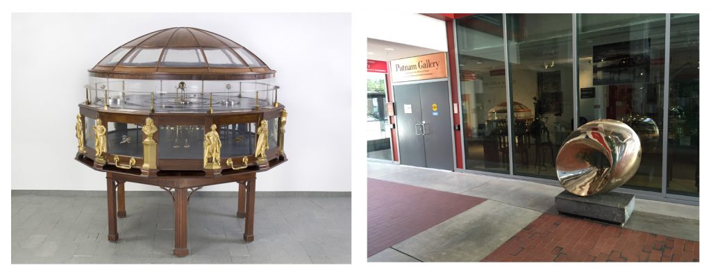 2 colour photographs one of which is of a late 1700s orrery with cast figures of Isaac Newton Benjamin Franklin and James Bowdoin the other of which shows a smooth bronze alloy sculpture on display outside the Putnam Gallery in the Science Center at Harvard University