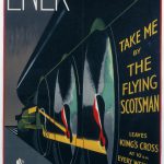 Illustrated colour poster from the 1920s advertising travel by the Flying Scotsman steam train depicting a boy looking up at the towering body of the train