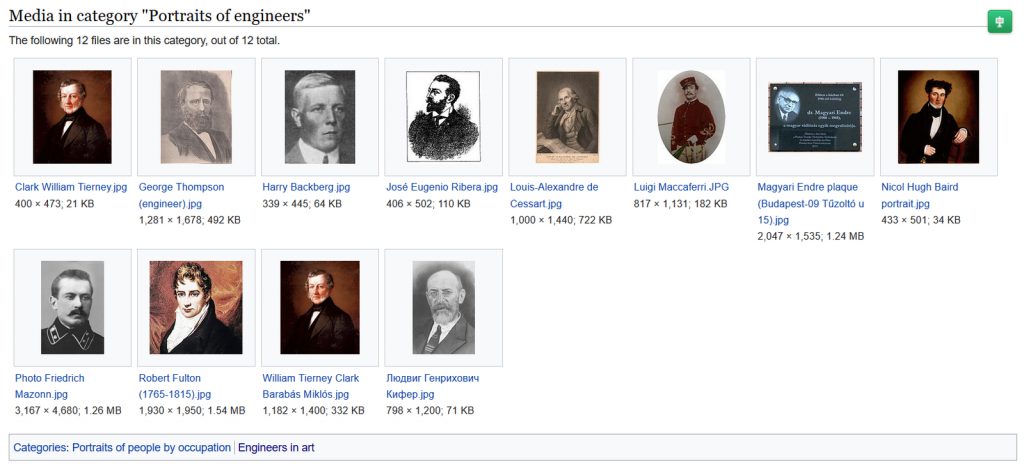 Screenshot from Wikipedia entitled portraits of engineers most of whom are men