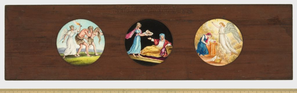 A Copper Plate Slider by Carpenter and Westley showing scripture subjects Adam and Eve driven out of Paradise Herodias with the head of John the Baptist and Christ brought to the temple