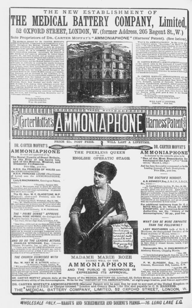 A 19 century print advertisement for doctor Carter Moffats Ammoniaphone