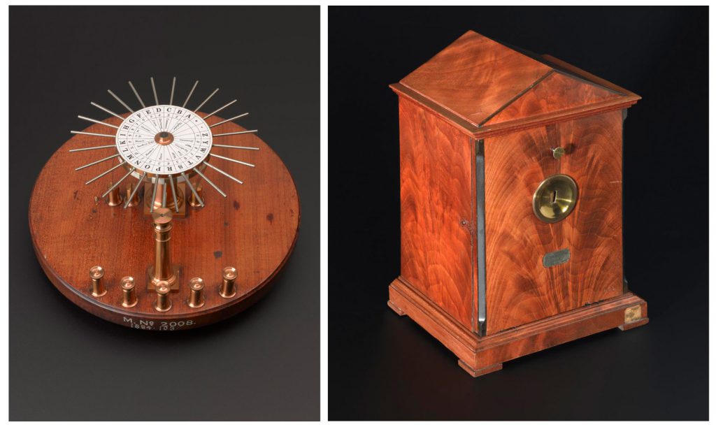 Colour photograph montage showing Wheatstones escapement or dial telegraph showing the transmitter and receiver side by side