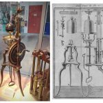One colour photograph of a vacuum pump from the mid 1700s on display in the Putnam Gallery at Harvard University and one early engraved design of a similar vacuum pump