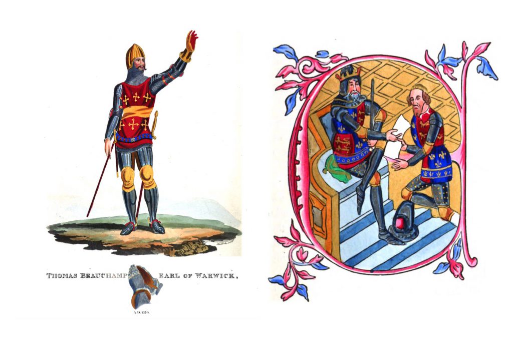 Composite of two paintings showing Thomas Beauchamp Earl of Warwick in a suit of armour and Edward third granting the principality of Aquitaine to his son Edward